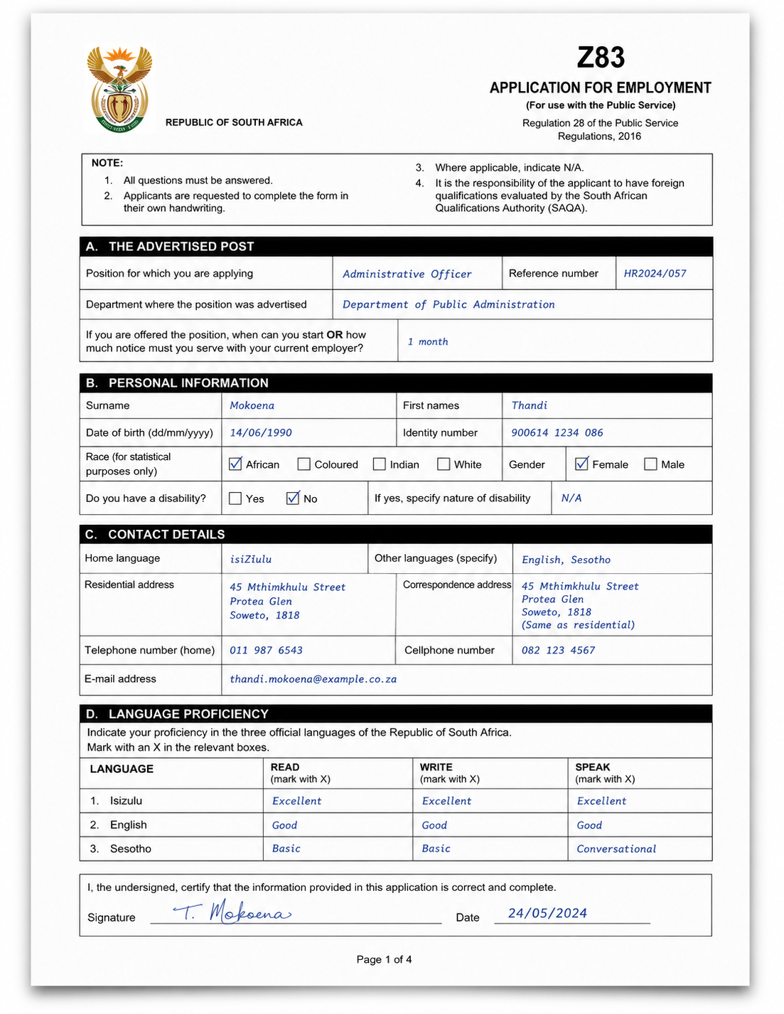 Fictional example showing the first page of a completed Z83 form